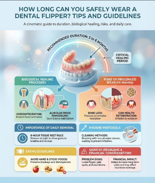 Infographic detailing safe duration for wearing a dental flipper, including biological healing and hygiene tips.