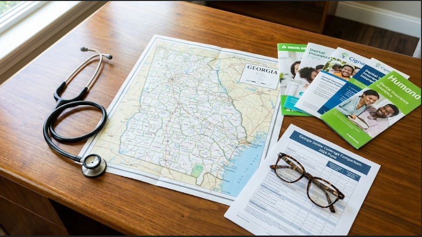 A stethoscope rests on a Georgia map alongside dental insurance brochures and reading glasses on a wooden table.