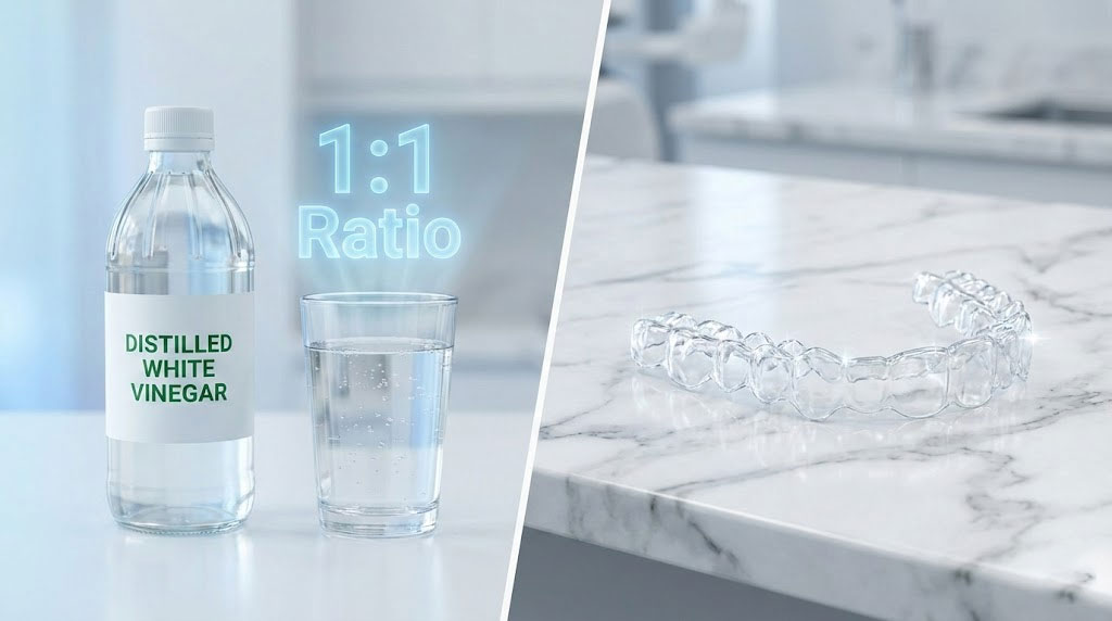 A bottle of distilled white vinegar and a glass of water on a marble countertop with a clear dental aligner nearby.