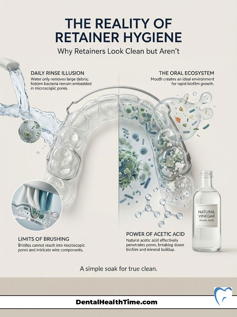 Infographic showing retainer hygiene issues with text on cleaning limits, oral ecosystem, and acetic acid benefits.