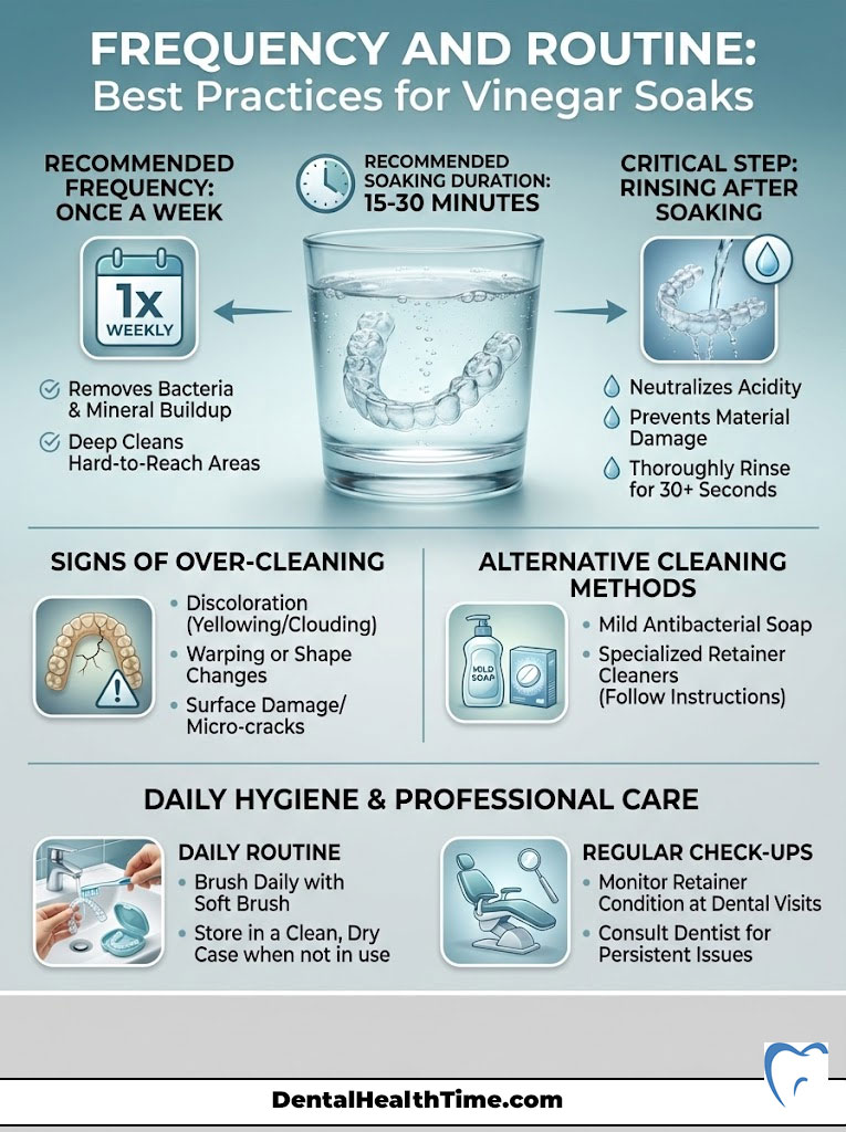 Infographic detailing best practices for vinegar soaks, including frequency, duration, and signs of over-cleaning.