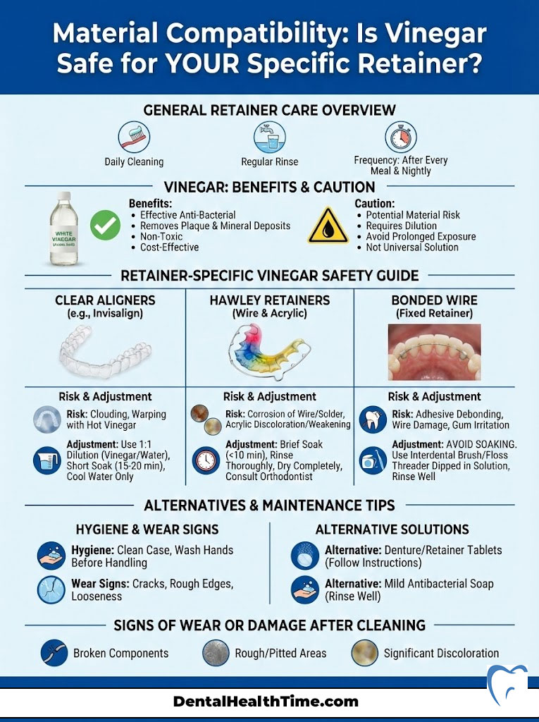 Infographic on vinegar safety for different retainer types, showing benefits, risks, and care tips.