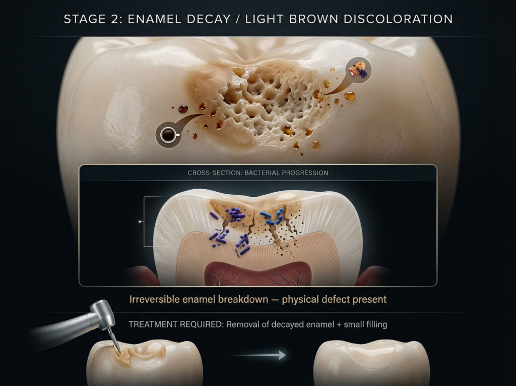Stage 2: Recognizing Enamel Decay and Light Brown Discoloration