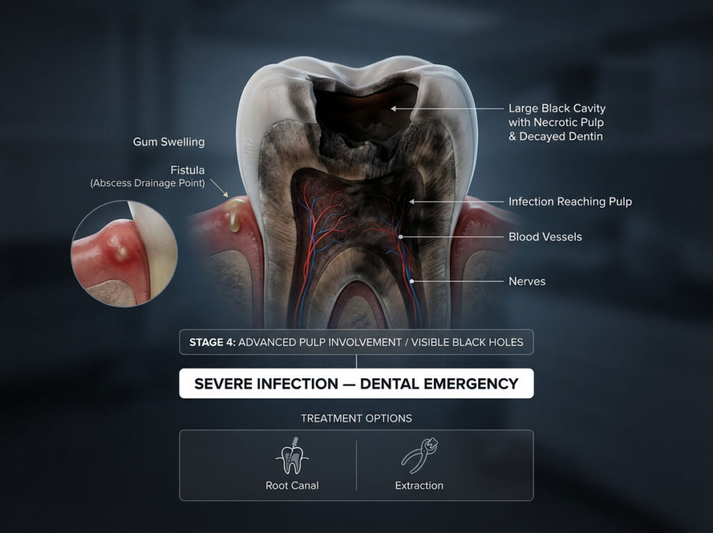 Stage 4: Advanced Pulp Involvement and Visible Black Holes