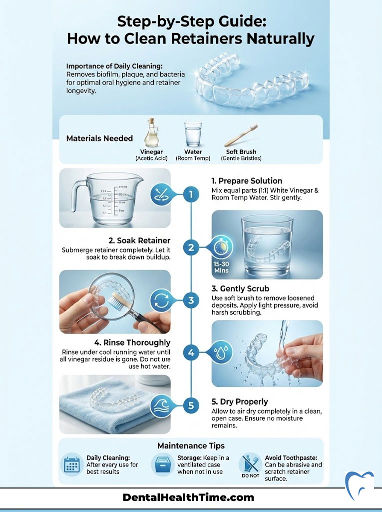 Step-by-step guide on cleaning retainers naturally with vinegar and water, including materials and tips.
