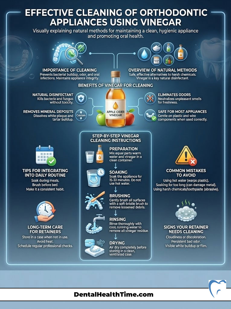 Infographic explaining cleaning orthodontic appliances with vinegar, featuring steps, benefits, and tips.