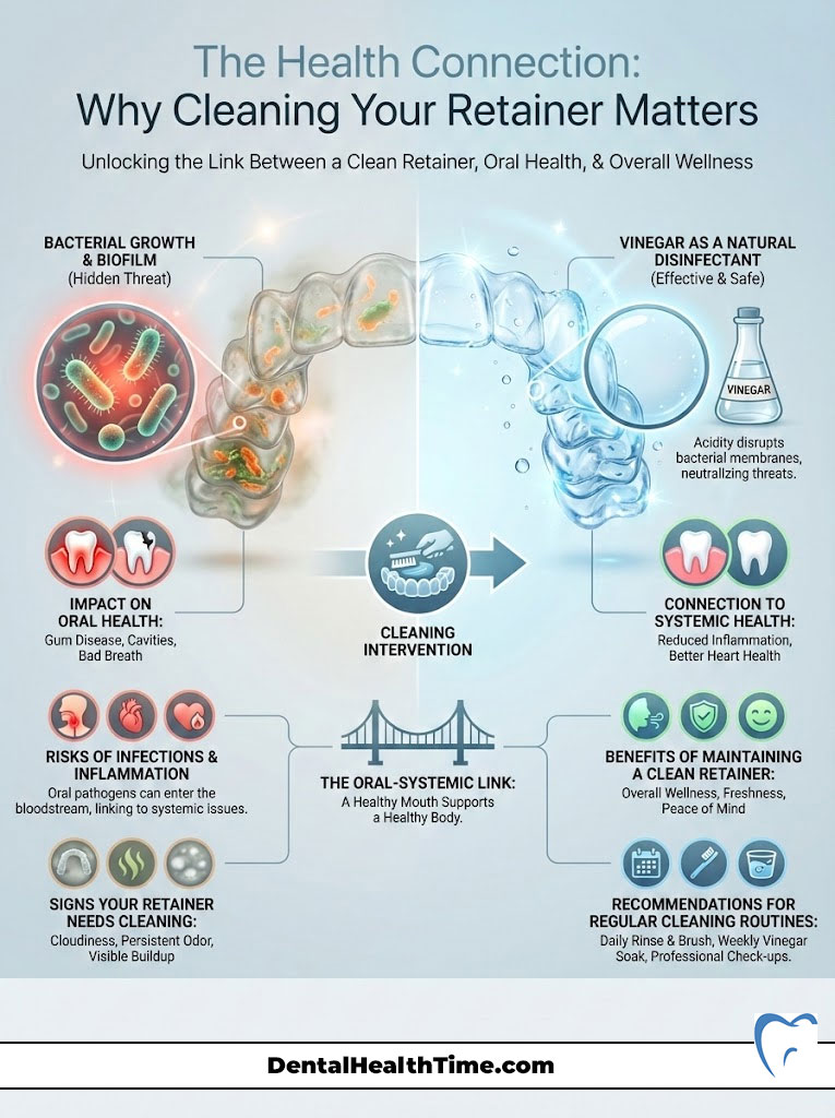 Infographic explaining the importance of cleaning retainers for oral health, featuring charts and icons.