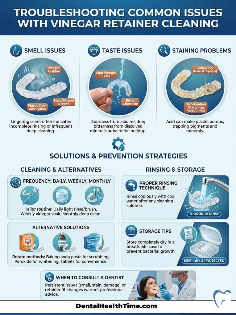 Infographic on troubleshooting vinegar retainer cleaning issues, detailing smell, taste, and staining problems.
