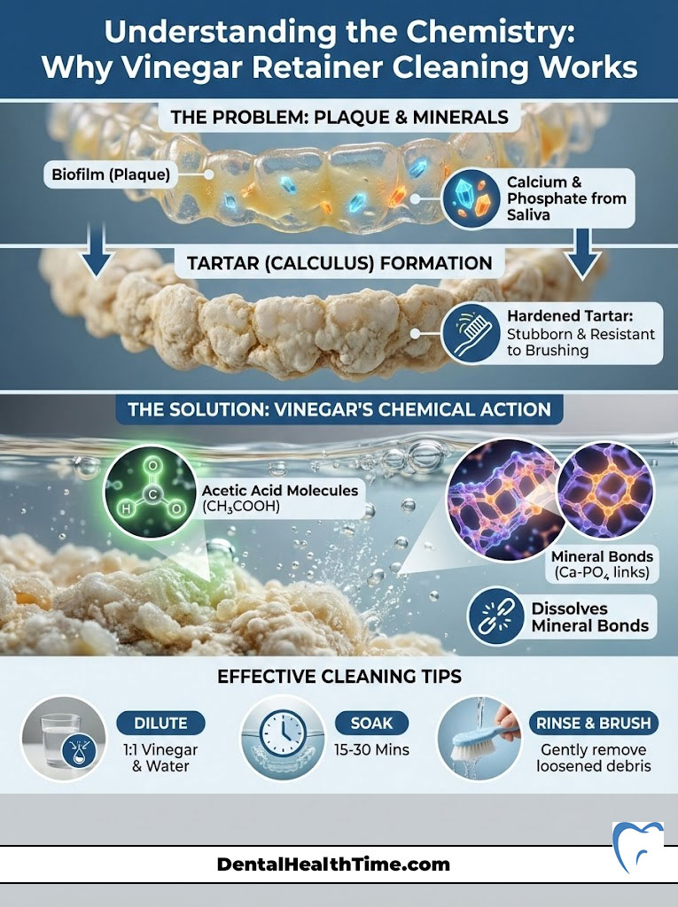 Infographic explaining vinegar cleaning for retainers, detailing plaque, tartar formation, and cleaning tips.