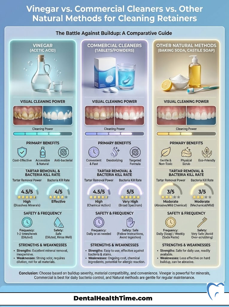 Infographic comparing vinegar, commercial cleaners, and natural methods for cleaning retainers with charts and icons.