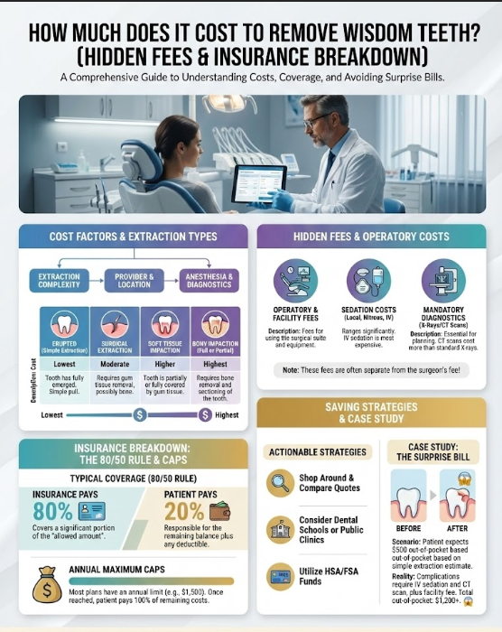 A dentist consults with a patient about wisdom teeth removal in a clinical setting with dental equipment visible.