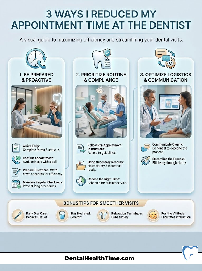 Infographic showing three ways to reduce dentist appointment time: preparation, routine compliance, and communication optimization.