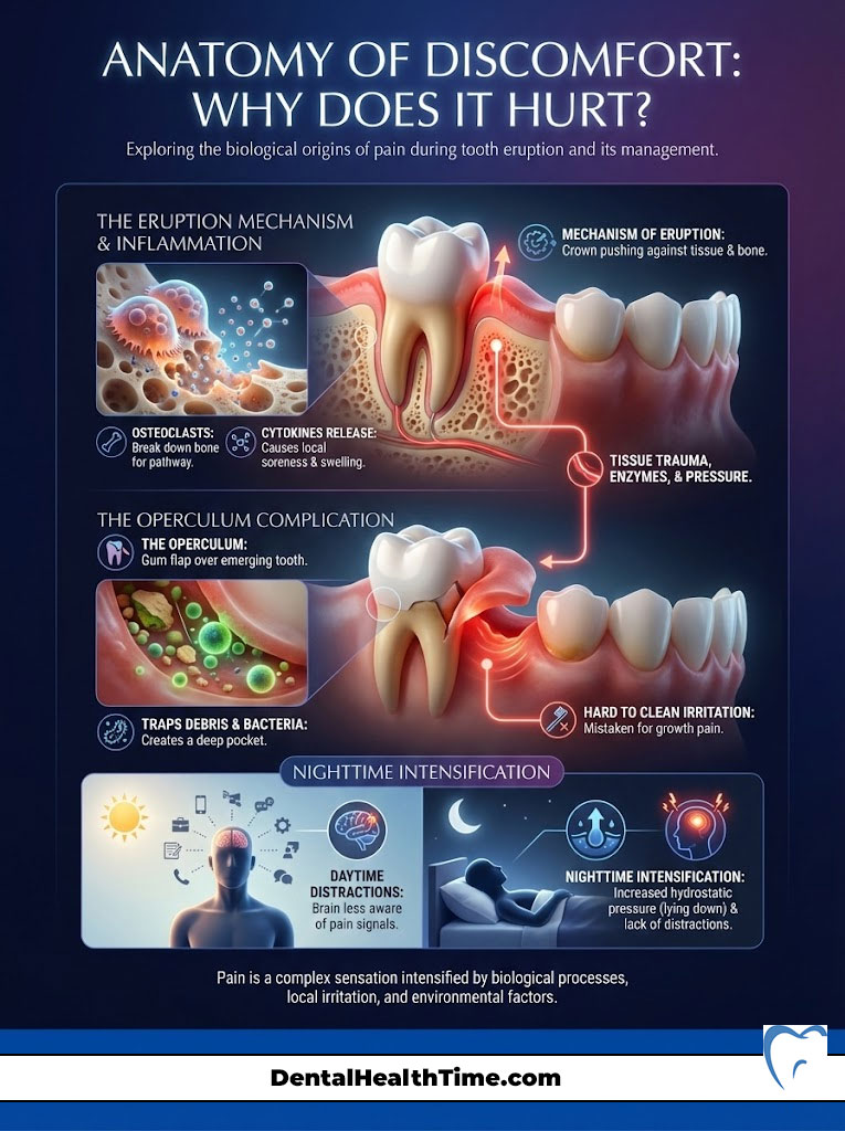Infographic explaining tooth eruption pain, featuring diagrams of mechanisms, inflammation, and nighttime intensification.