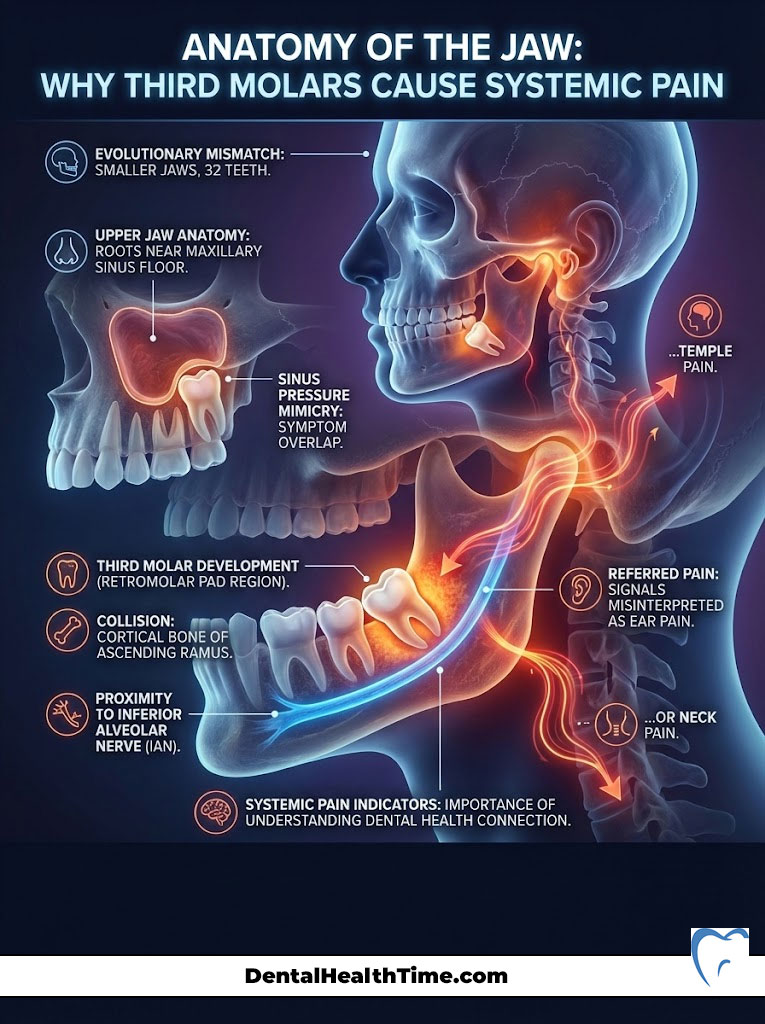 Diagram illustrating jaw anatomy, third molar pain causes, and systemic pain indicators with labeled sections.