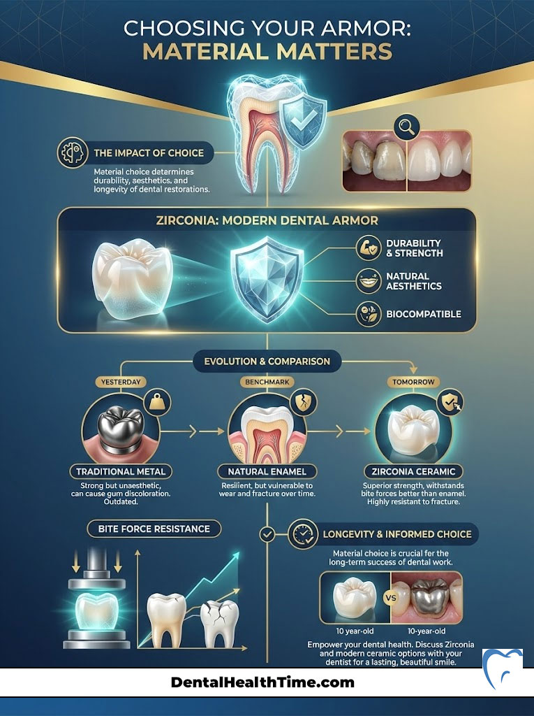 Infographic comparing dental materials, highlighting zirconia's durability, aesthetics, and biocompatibility.