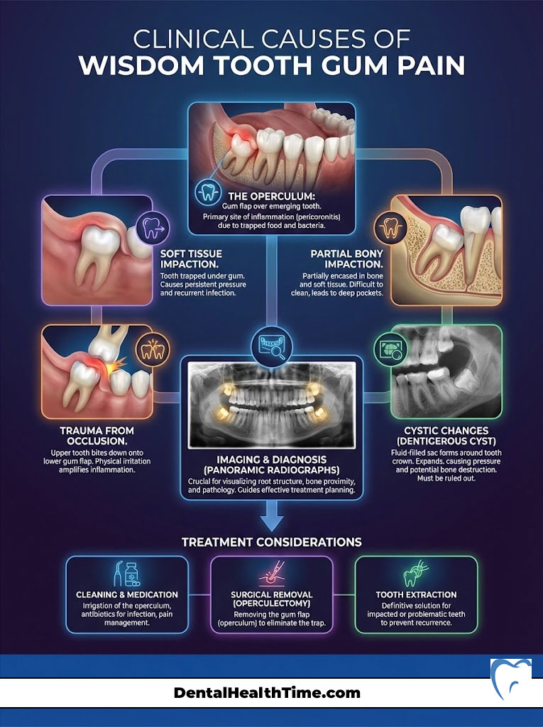 Infographic showing clinical causes of wisdom tooth gum pain with illustrations and treatment options.