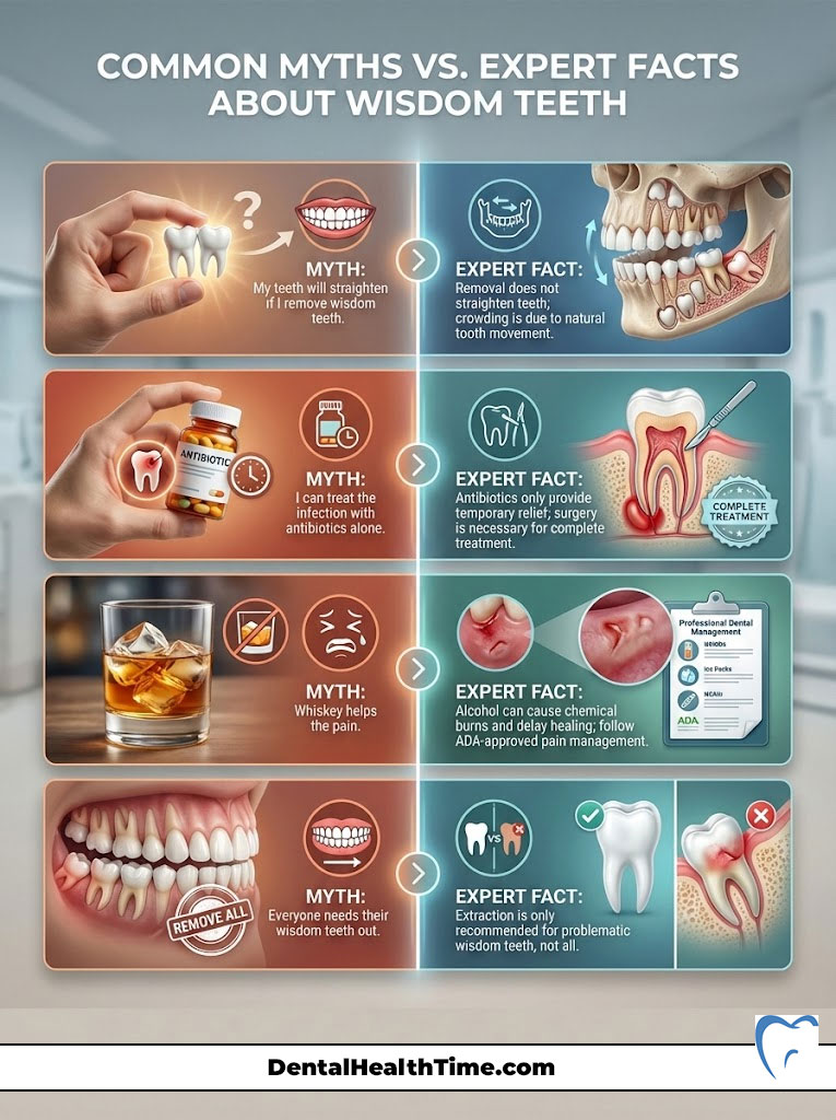 Infographic comparing common myths and expert facts about wisdom teeth with illustrations and text.