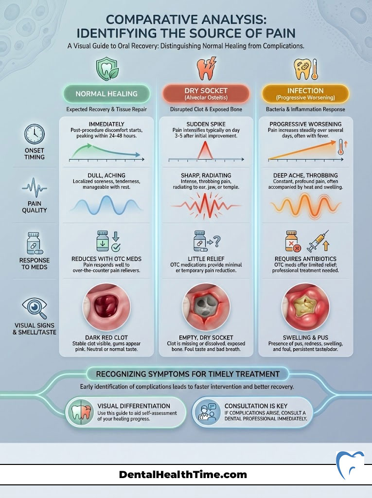 Infographic comparing normal healing, dry socket, and infection after dental procedures with symptoms and responses.