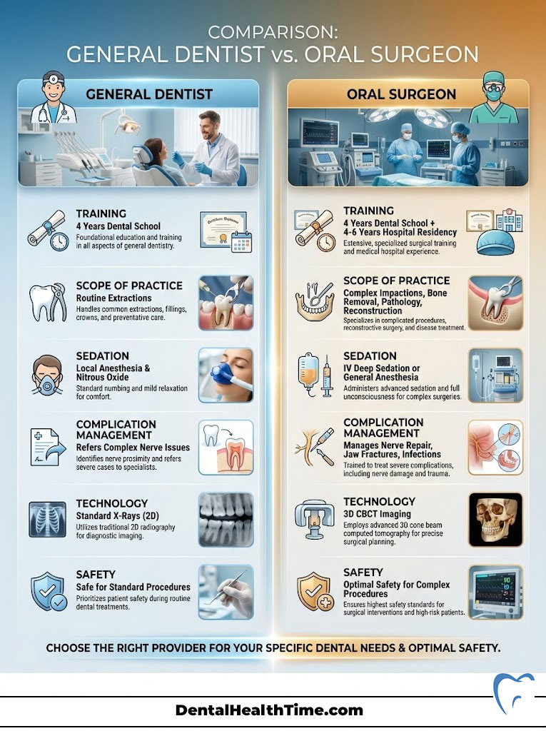 Comparison infographic detailing General Dentist vs. Oral Surgeon, including training, scope, and safety protocols.