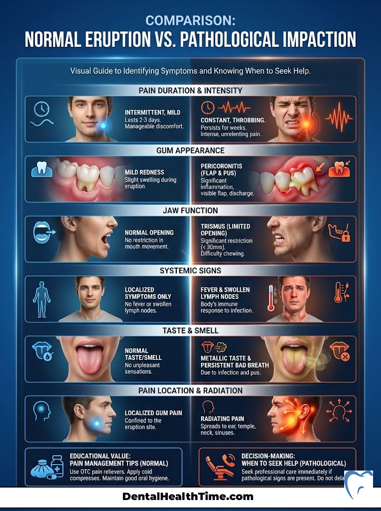 Infographic comparing normal eruption and pathological impaction symptoms with visuals and text descriptions.