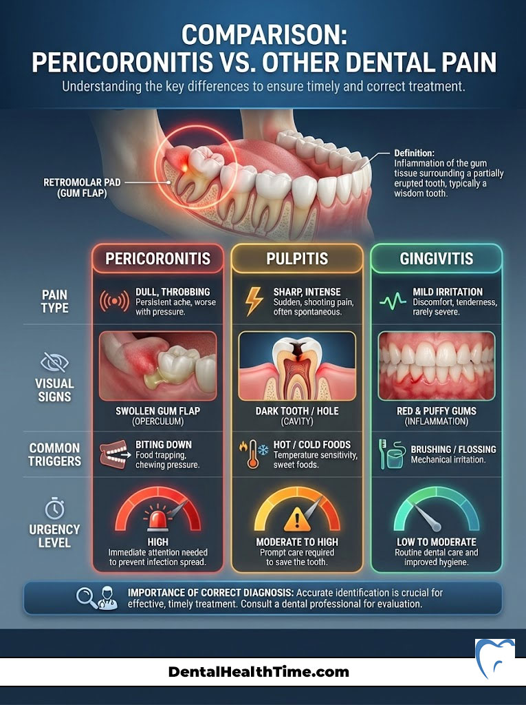 Infographic comparing pericoronitis, pulpitis, and gingivitis with pain types, visual signs, triggers, and urgency levels.