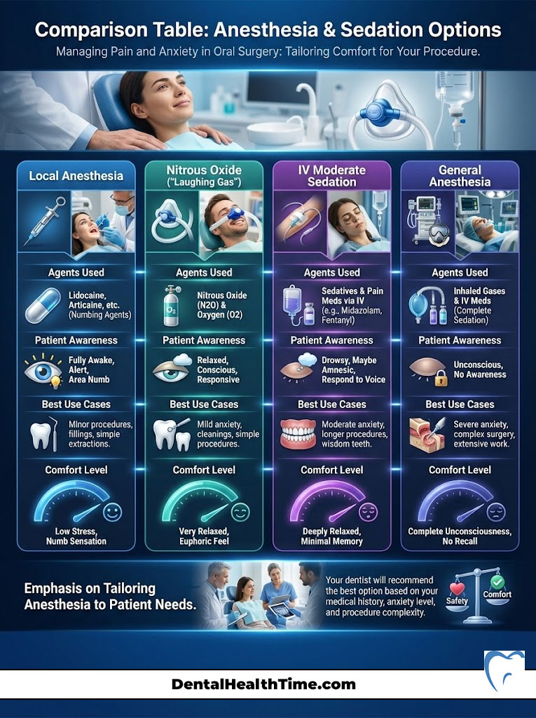 Comparison table of anesthesia and sedation options for oral surgery, detailing agents, patient awareness, and comfort levels. Infographic.