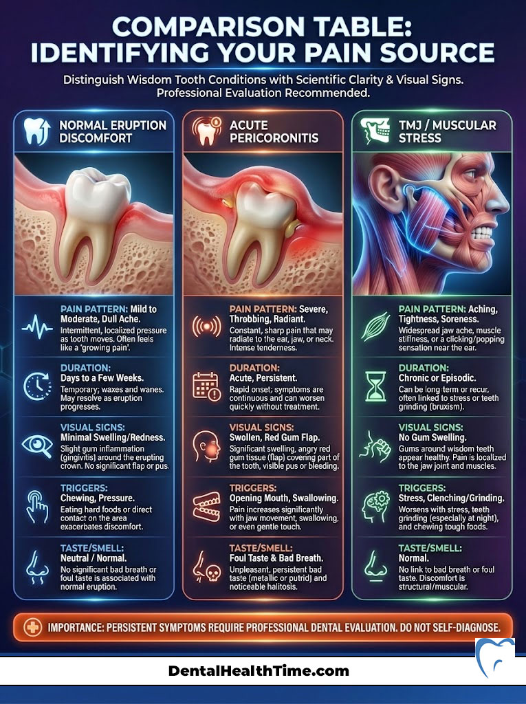 Comparison table showing wisdom tooth conditions with pain patterns, duration, visual signs, triggers, and taste/smell. Infographic.