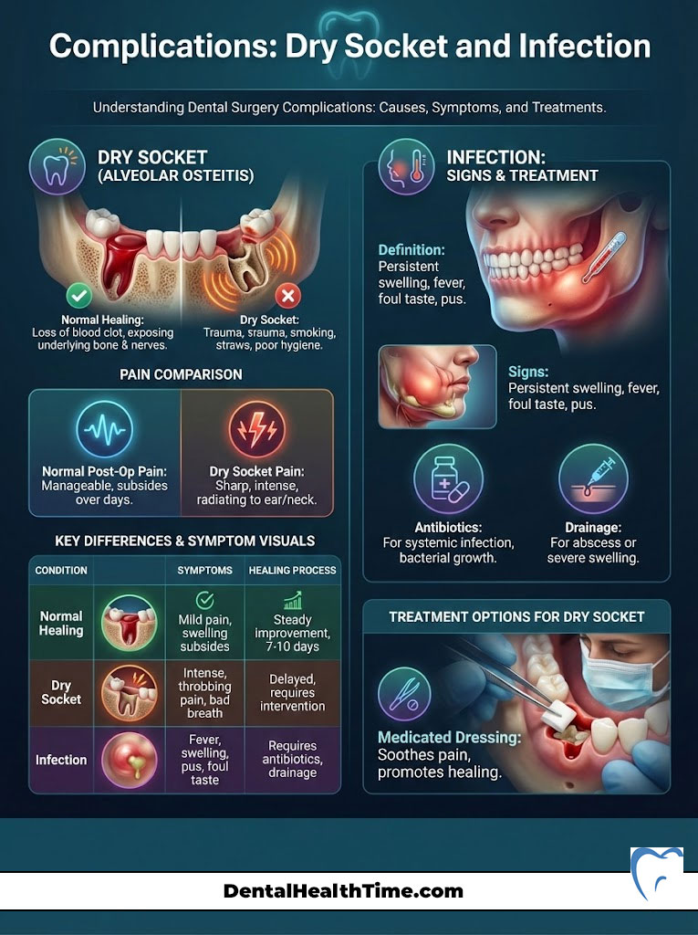 Infographic detailing dry socket and infection in dental surgery, showing symptoms, treatments, and comparisons.