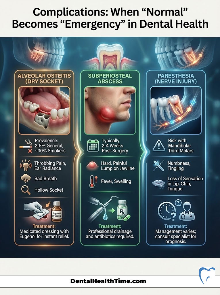 Infographic showing dental health emergencies: dry socket, abscess, and nerve injury with symptoms and treatments.