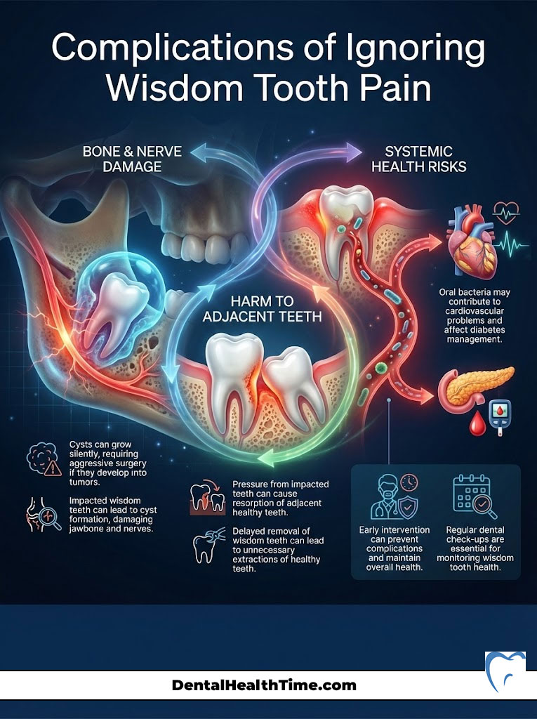 Infographic showing complications of ignoring wisdom tooth pain, including bone damage and systemic health risks.