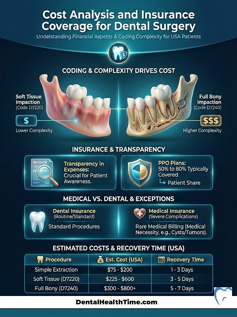 Cost analysis infographic showing dental surgery expenses, coding complexity, and recovery times with illustrations of teeth.