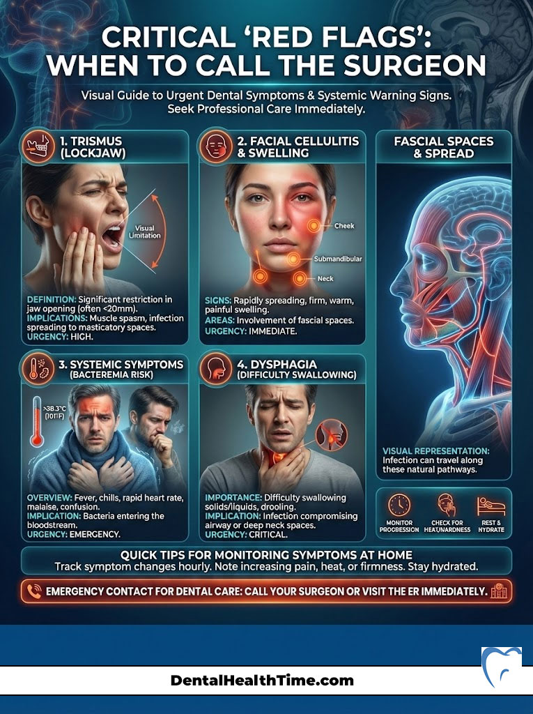 Infographic detailing urgent dental symptoms, including trismus, facial cellulitis, systemic symptoms, and dysphagia.