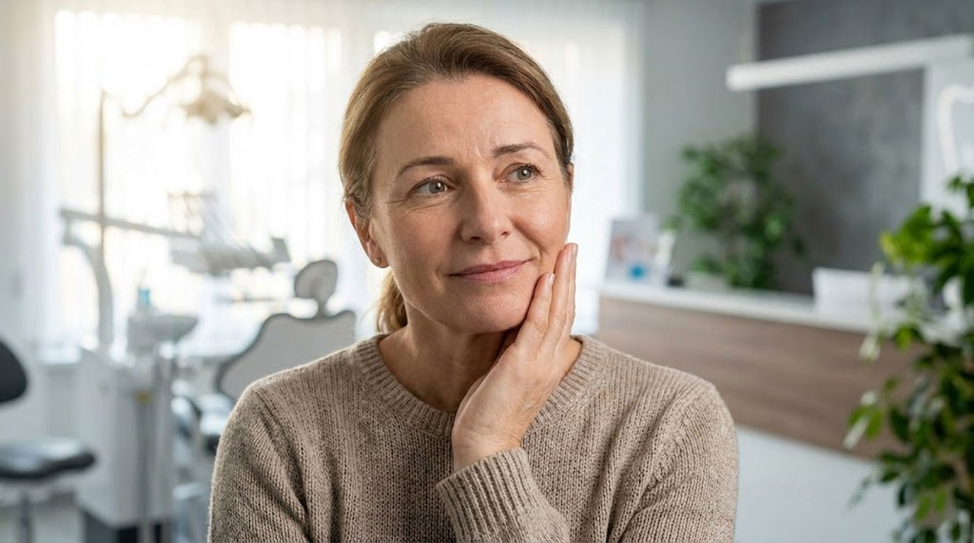 A thoughtful woman with brown hair touches her chin in a dental office setting with soft lighting.
