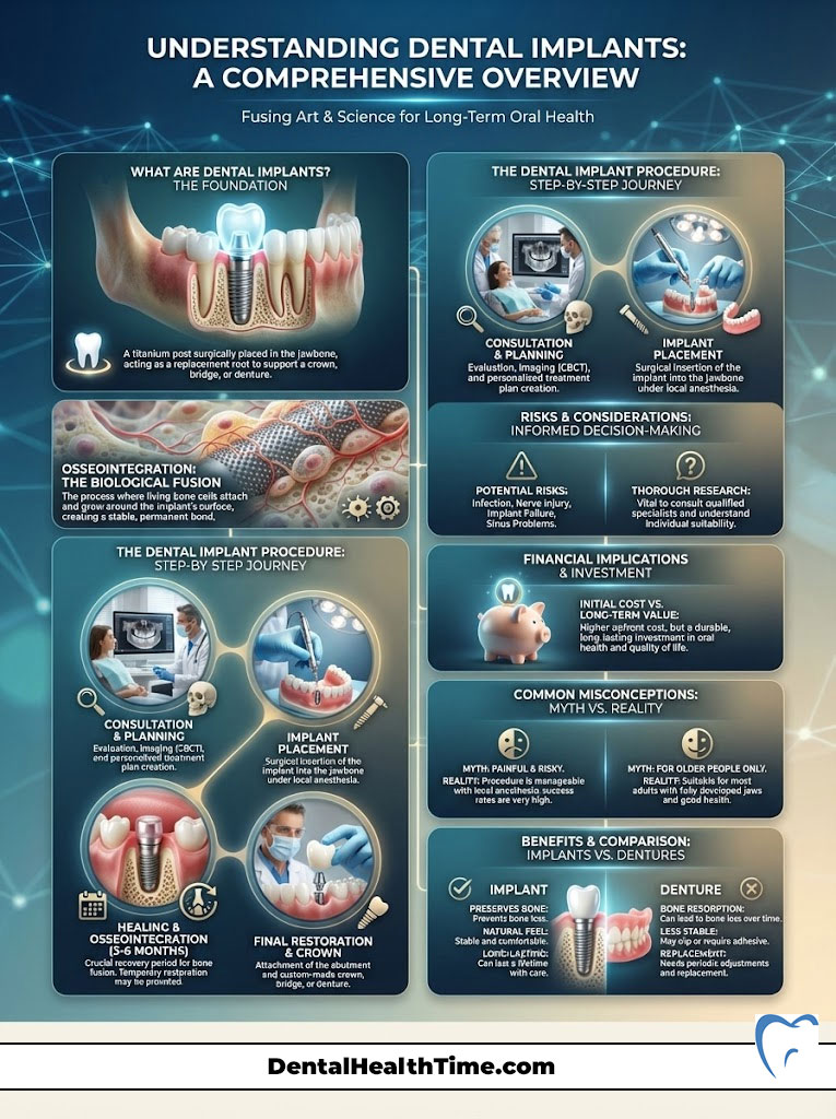 Infographic explaining dental implants, including procedures, risks, and comparisons to dentures.