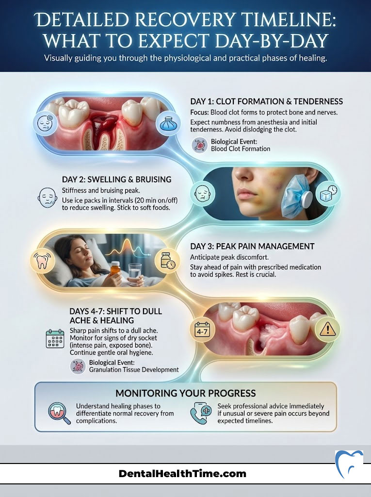 Infographic detailing a day-by-day recovery timeline after dental surgery, including images and key recovery tips.