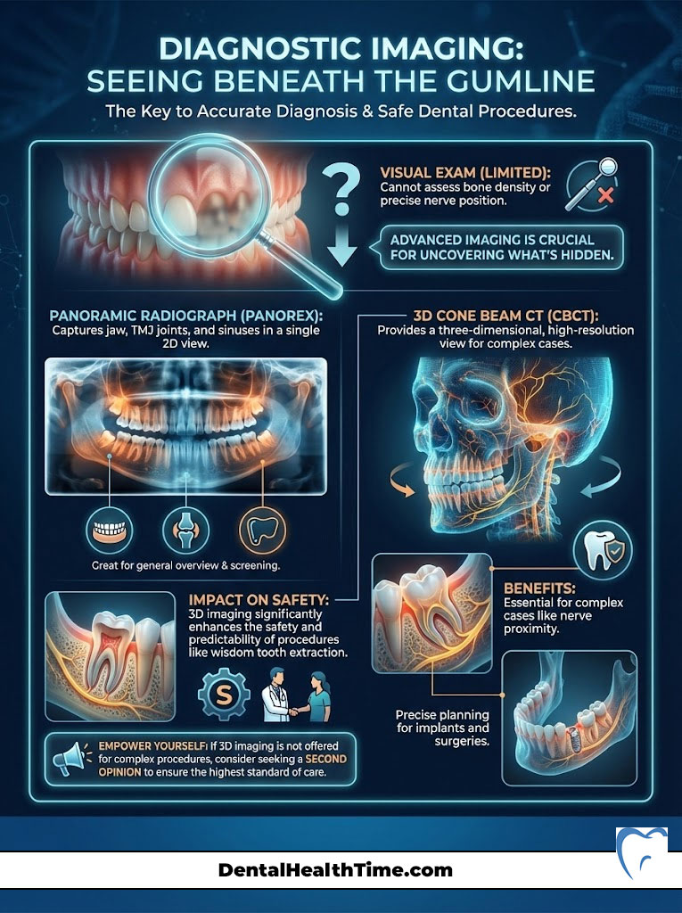 Infographic explaining diagnostic imaging in dentistry, featuring visuals of radiographs and safety impacts.