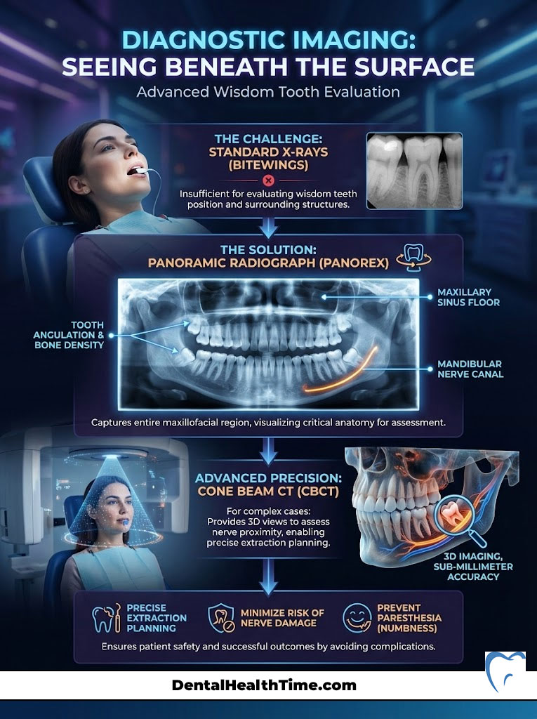 Infographic showing advanced wisdom tooth evaluation with X-ray images and key diagnostic methods.