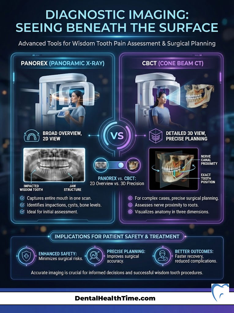 Infographic comparing Panorex and CBCT for wisdom tooth assessment, showing images and key features of each method.