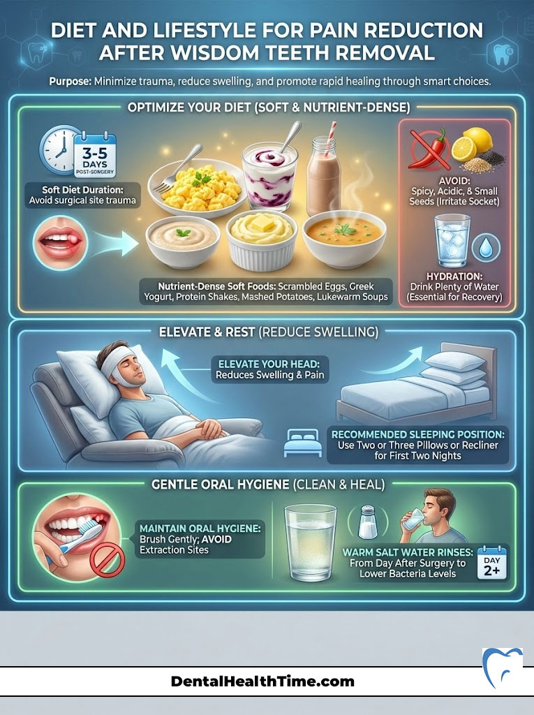 Infographic detailing diet and lifestyle tips for pain reduction after wisdom teeth removal, including soft foods and hygiene.