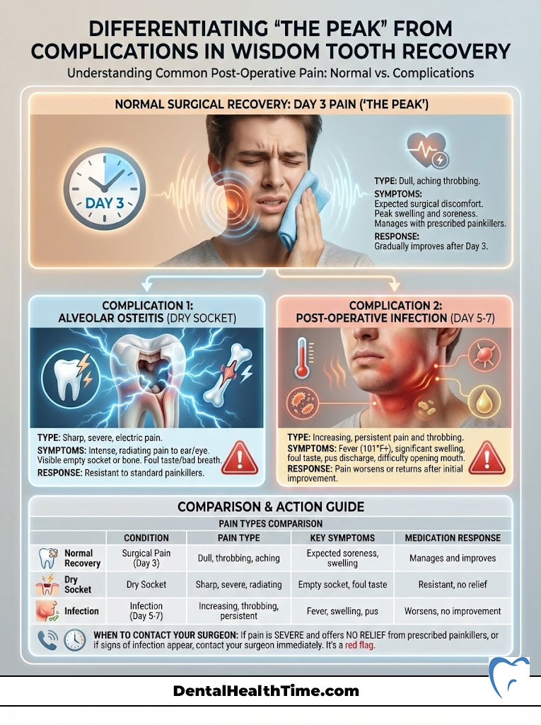 Infographic comparing normal recovery pain and complications in wisdom tooth extraction, featuring charts and symptoms.