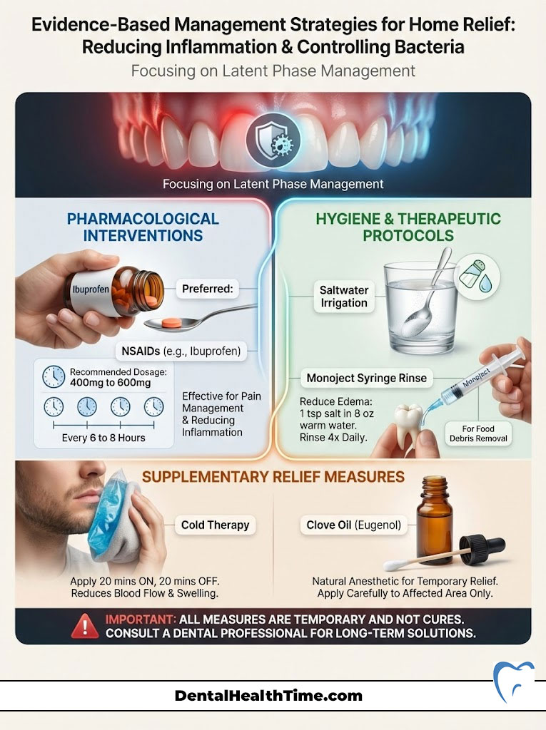Infographic detailing home relief strategies for dental issues, including pharmacological interventions and hygiene protocols.
