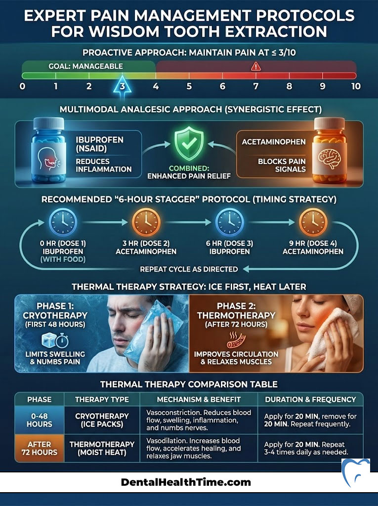 Infographic detailing pain management for wisdom tooth extraction with charts, protocols, and therapy phases.