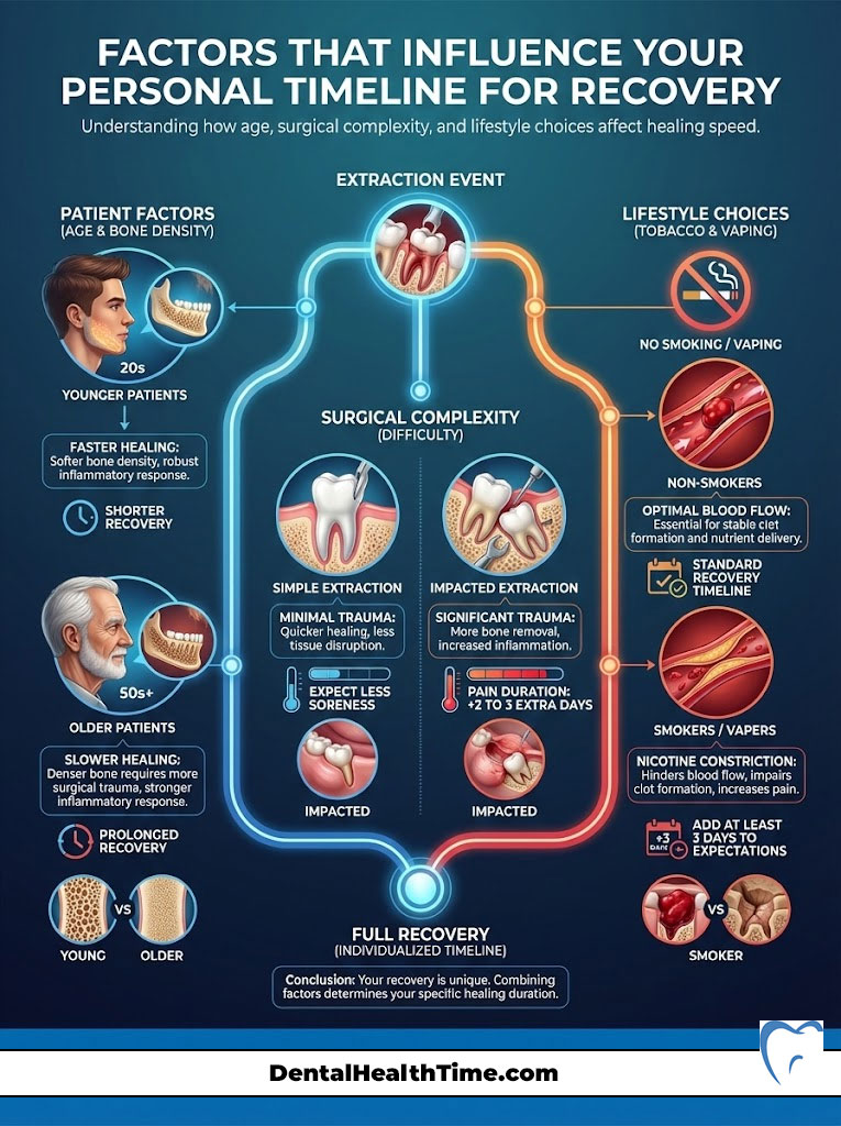 Infographic showing factors influencing recovery timeline for dental extraction, including patient age, surgical complexity, and lifestyle choices.