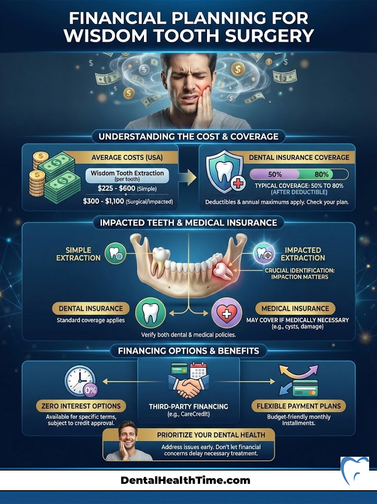 Infographic detailing financial planning for wisdom tooth surgery, including costs, insurance coverage, and financing options.