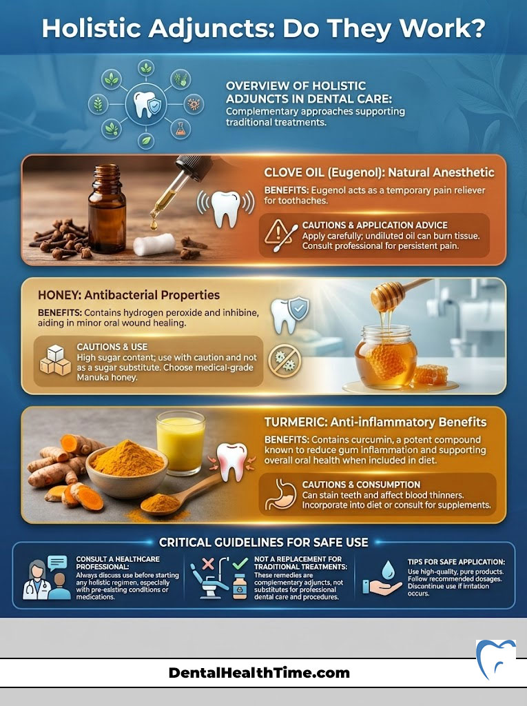 Infographic on holistic adjuncts in dental care, detailing clove oil, honey, and turmeric benefits and cautions.