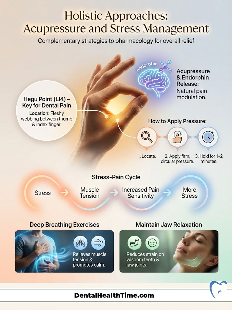 Infographic on acupressure and stress management, detailing Hegu point for dental pain and stress-pain cycle.
