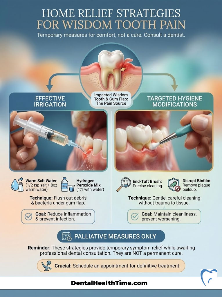 Infographic showing home relief strategies for wisdom tooth pain, including effective irrigation and hygiene modifications.