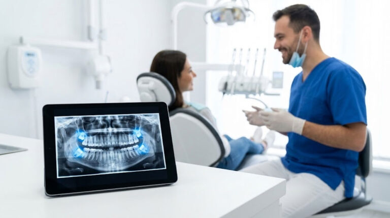 A dentist discusses an X-ray with a patient in a dental office.