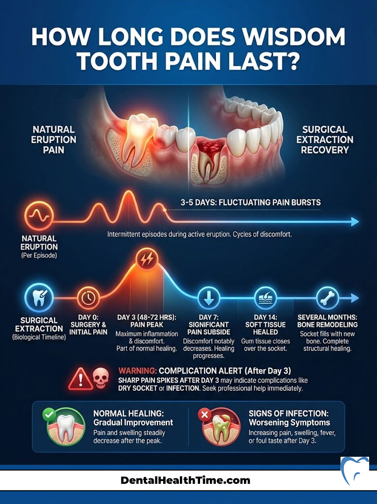 Infographic showing wisdom tooth pain duration, including stages of pain and recovery timelines with illustrations.