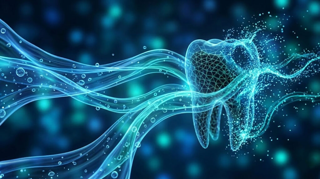 A glowing, digital tooth surrounded by flowing blue waves and bubbles on a dark background.